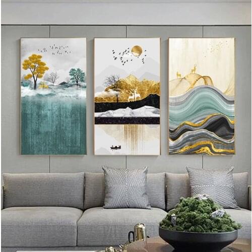 Modern Gold Sun Deer Abstract Golden Canvas Paintings Posters and Prints Wall Art Picture for Living Room Home Decoration