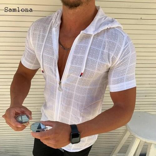 Men Fashion LongShort sleeved Hoodie Zipper shirt clothing Summer Solid color Casual Plaid print Open Stitch Thin Tshirt Mens