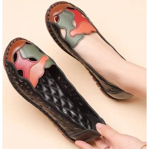 Summer Sports Slip on Shoes for Women Beef Tendon Bottom Soft Leather Hollow Women Flats Large Size Hole Shoes