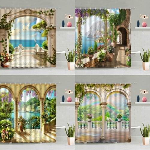 European Style Street Scenery Shower Curtain Ocean Seagull Flowers Green Leaves Plants Arches Bathtub Decor Screens Washable