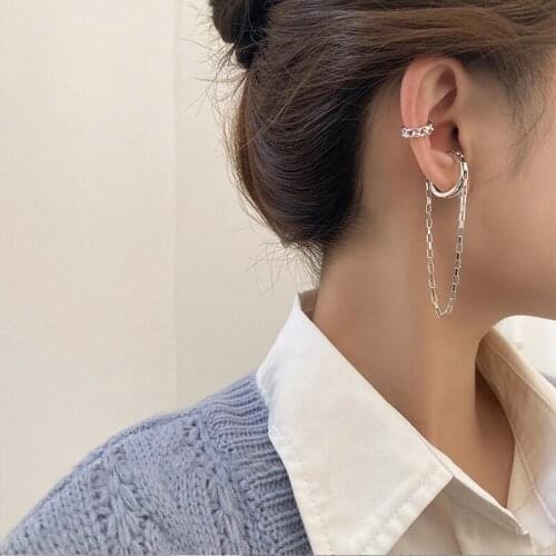2021 Korean Trendy Clips Earrings Without Pierced Ears For Women Punk Silver Color Tassel Chain Hanging Earrings Hip hop Jewelry