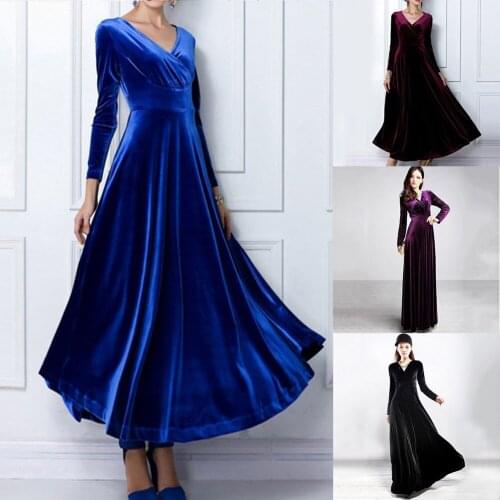 Sexy Fashion Women Solid Color V-Neck Velvet Pleated Long Sleeve Evening Party Dress Womens Robe Elegant party vestidos outfits