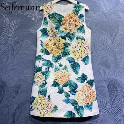 Seifrmann New 2021 Summer Women Fashion Runway Party Short Dress Sleeveless Gorgeous Crystal Beading Floral Print Ladies Dresses