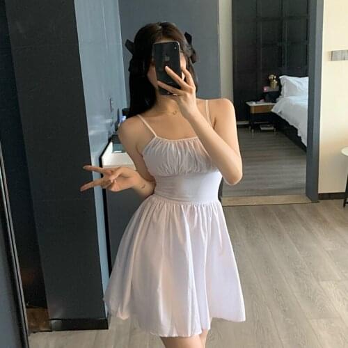 Temperament Pleated White Suspender Dress Female Summer 2021 New Korean Version of The Waist A-line Skirt Skirt Bodycon Dress