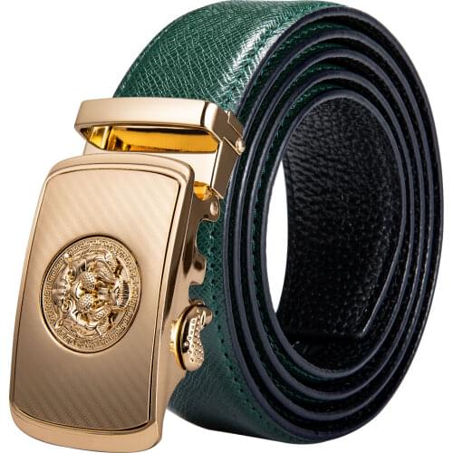 2019 New Style Green Belt for Men Real Leather Belt Gold Automatic Ratchet Buckle Luxury Tiger Waist Strap Barry.Wang PD-2070