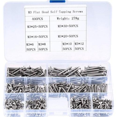 400PCS/Box M3 Cross Flat Head Self Tapping Screw Assortment Kit Wood Thread Nail Screw Sets DIY Countersunk Head Small Screws