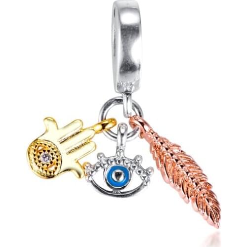 Real 925 Sterling Silver Hamsa All-seeing Eye & Feather Spirituality Dangle Beads Fits Original Pandora Charms Bracelet kralen