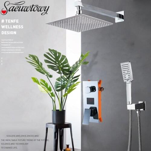 8/10/12/16inch Chrome Bathroom Temperature Display Led Shower Faucet Set Rain Tap TWO-Ways Silent Faucett Torneira do banheiro