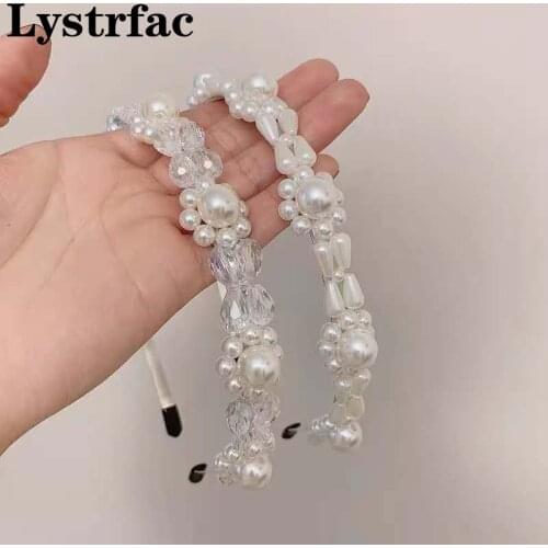 Lystrfac Fashion Ins Flower Crystal Pearl Hairband for Female Sweet White Romantic Bridal Party Wedding Hair Accessories