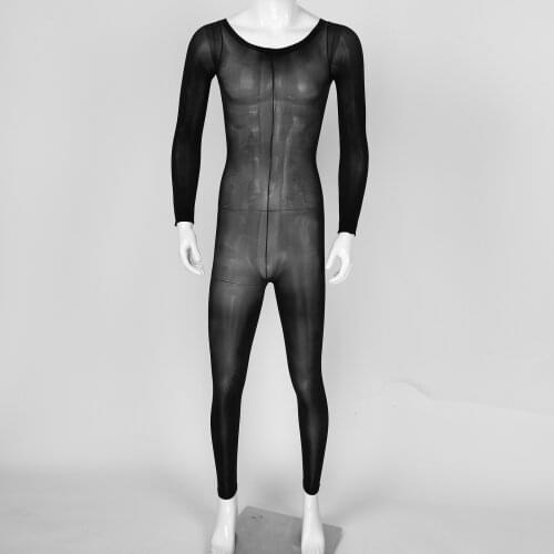 Men Sleepwear Glossy See-Through Bodystocking Bodysuit Round Neck Long Sleeve Stretchy Sport Leotard for Honeymoon Anniversary