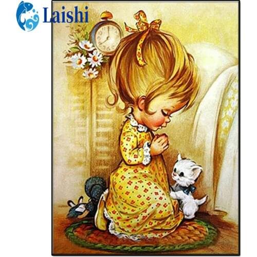 5D DIY Praying little girl and kitten Diamond Painting Cross Stitch Kit Full Drill Mosaic Picture Of Rhinestones Gift Home Decor