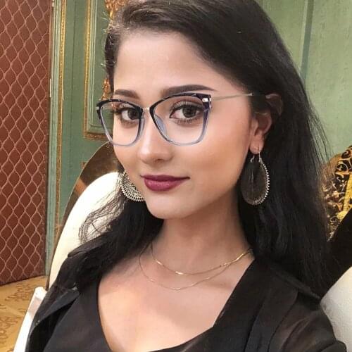 53124 Tr90 Cat Eye Women Anti Blue Light Glasses Frame Diamond Cut Surface Optical Spring Leg Fashion Computer Eyeglasses