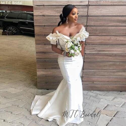 Wholesale White Mermaid Long Bridesmaid Dresses Off Shoulder Floor Length Satin Wedding Guest Dress Customize Vestido Madrinha