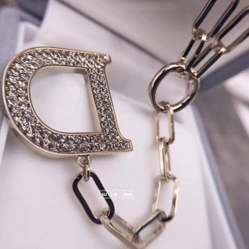 Fashion Rhinestone D Shape Pendant Necklace for Women Coffee Gold Plating Necklace Chain on the Neck With Lock Punk Jewelry