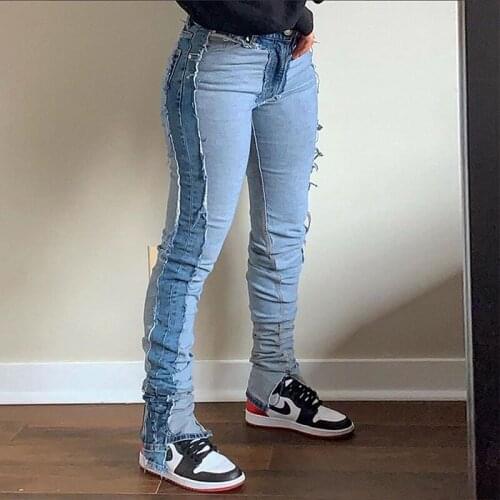 TNNAOFF Sexy Splicing Stacked Jeans for Women Fall Winter Clothing Fashion Skinny High Waist Lounge Wear Button Denim Flare Pans