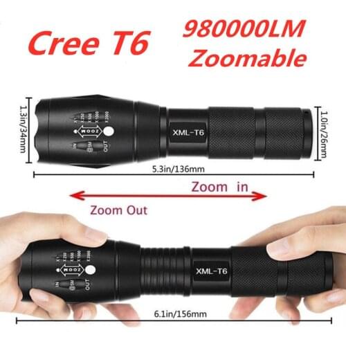 Portable T6 Tactical Military LED Flashlight 980000LM Zoomable 5-Mode Without Battery Outdoor tools
