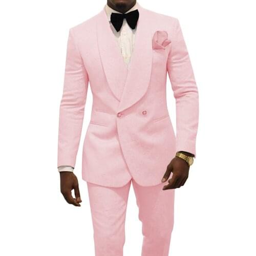 SOLOVEDRESS Mens Suit Pink Double Breasted Slim Jacquard Prom Dress Party Travel Blazer + Pants