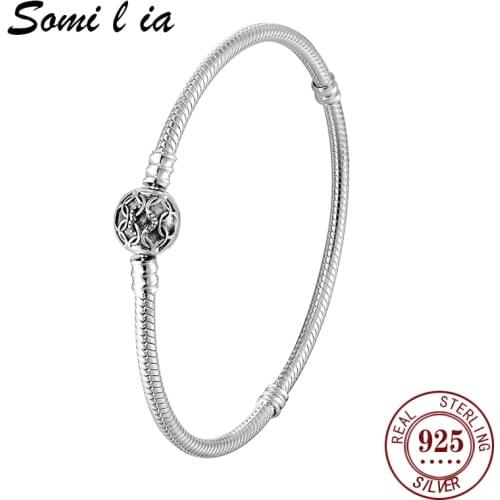 Somi l ia Authentic 100% 925 Sterling Silver Dazzling Clear CZ Round Clasp Snake Chain Bracelet Sterling Silver Jewelry SML5143