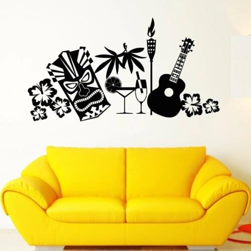 Tropical Beach Style Wall Sticker Guitar Mask Vinyl Decal Butterfly Flowers Home Decor Champagne Cup Living Room Decoration