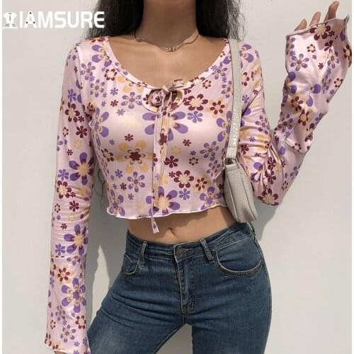IAMSURE Floral Printed T Shirt Women 2021 Hollow Out Tie Front Sweet Cute Crop Tops Y2K Flare Sleeve Tees Fashion Autumn Spring