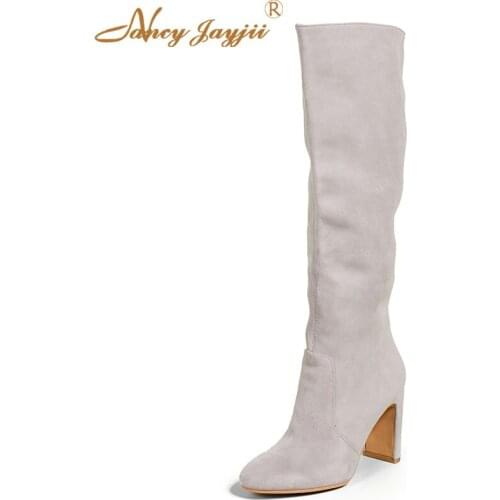 Beige Winter Ladies Solid Zipper Mid-Calf Square Heel Pointed Toe Cotton Fabric Shoes Woman Fashion Sweet Basic 38