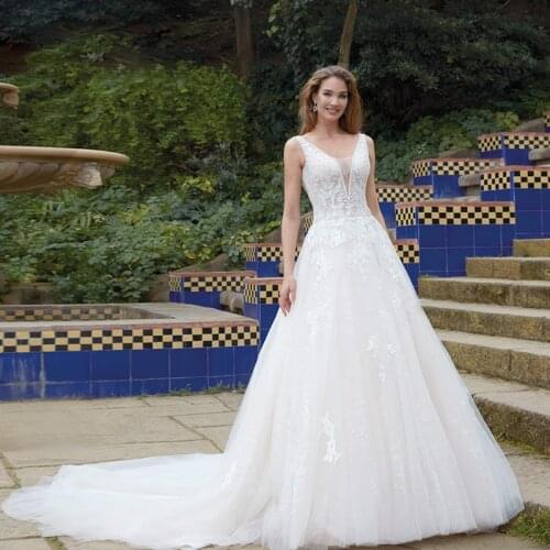 V Neck A Line Beach Wedding Dresses For Women 2021 Sexy Open Back Court Train Bridal Gowns Ivory Lace Tulle Hot Sale