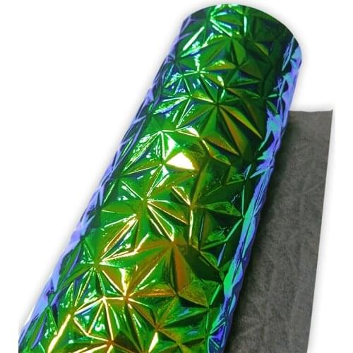 3D Geometric Pattern Dichroic Holographic PU Embossed Metallic Faux Leather Fabric Spunlace Backing For Bag/DIY Accessories