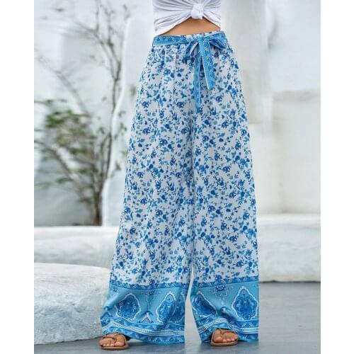 Belt Bohemian Women Soft Casual Drawstring Pants High Waist Summer Fashion Pant Sashes Loose Printed Wide Leg Pants