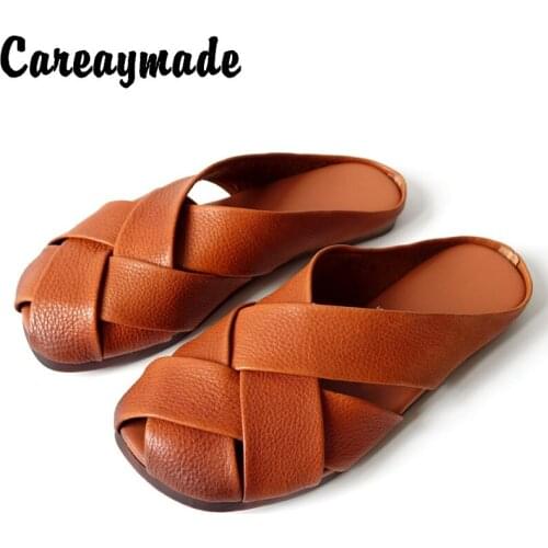 Careaymade-Pure handmade Retro Lazy Half Slippers Women Wear Hollow Baotou Low Heel Slippers Flat Bottom Slippers,3 colors