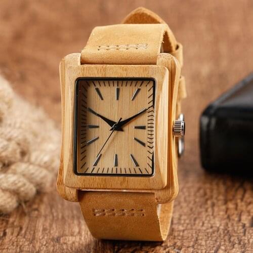 Hot Sale Bamboo Rectangle Dial Wristwatch Genuine Leather Band Strap Simple Fashion Men Women Quartz Watch For Gift