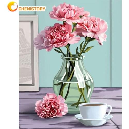 CHENISTORY Painting By Numbers Pink Flower In Vase Landscape Oil Picture HandPainted 40x50cm Frame Home Living Room Decor Arts