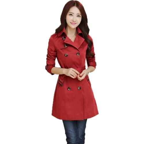Double Breasted Windbreaker Female Mid-Long Coat Womens Solid color Trench Coat Spring Autumn New Style Outerwear With Belt