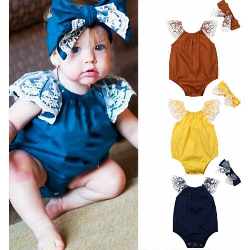 Infant Baby Girl Boys Cute Bodysuits Headband 2pcs Lace Ruffles Sleeve Solid Jumpsuits Clothes 4 Colors