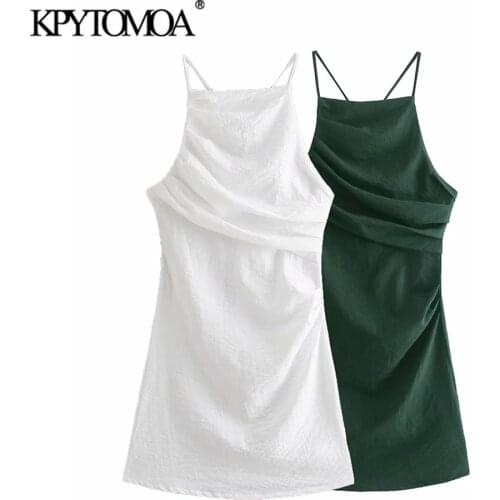 KPYTOMOA Women 2021 Chic Fashion Pleated Party Mini Dress Vintage Backless Zipper Cross Thin Straps Female Dresses Robe Vestidos