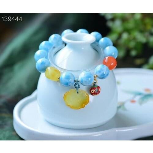 Natural Blue Larimar Gemstone Big Round Beads Bracelet 13.1MM Amebr Pendant Water Pattern Larimar Women Men Genuine AAAAAA