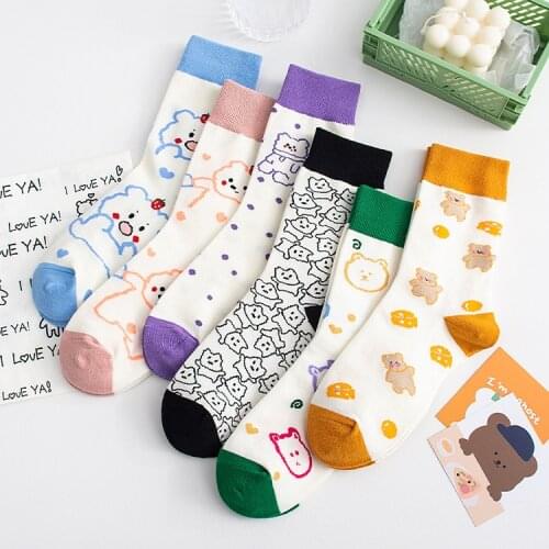 New Cartoon Womens Breathable Cotton Socks White Cute Bear Lovely Animal Pattern Girl Sock Female Sox Harajuku Steetwear Soks