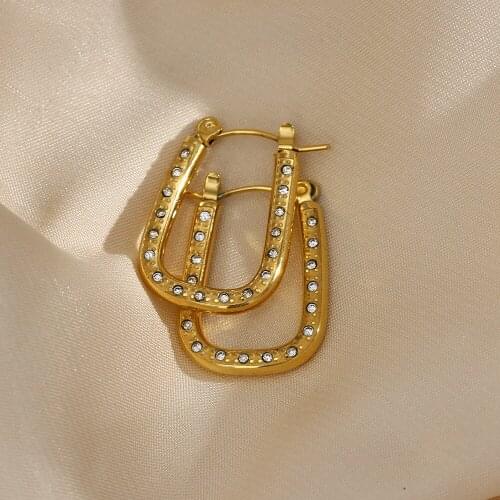 2021 New Geometric Trapezoid AAA Zircon Stone Paved Hoop Erarings Stainless Steel 18K Gold Plated U Shape Hoops Jewelry