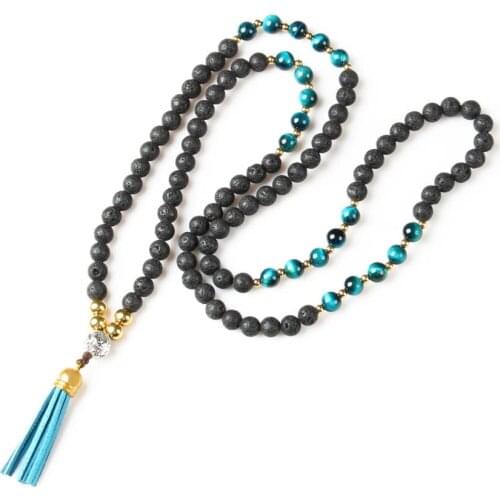 Ailatu Tibet Lucky Mala Tassel Necklace Wholesale 5pcs/lot 8mm Natural Lava Rock & Blue Tiger Eye Stone