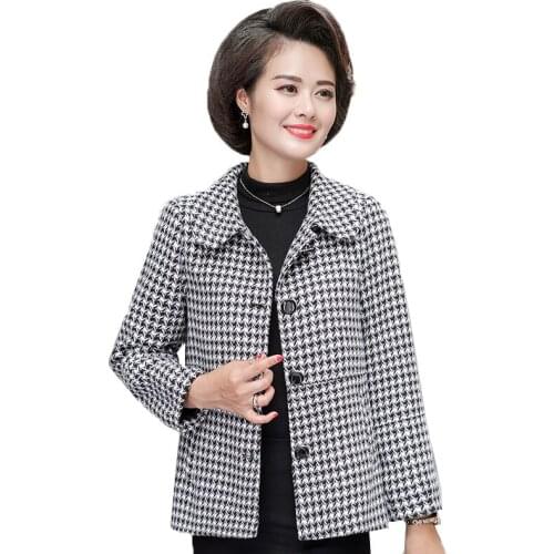 Womens Woolen Plaid Coat Jacket Spring Autumn Ladies Single-breasted Blended Wool Lattice Casual Outwear Mother Loaded 5XL W93