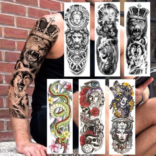 Realistic Large Temporary Tattoos Sticker Fake Full Arm Lion King Black Wolf Totem Eye Dragon Tattoo For Women Men Sleeve Tatoos