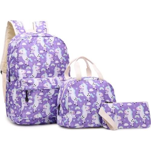 RT1505-D5 New Purple Unicorn Three-Piece Schoolbag for Elementary School Students Childrens Lunch Bag Pencil Case Backpack