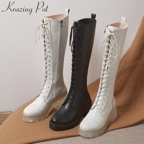 Krazing Pot high quality cow leather platform thigh high boots round toe lace up winter shoes motorcycle knee-high boots L25