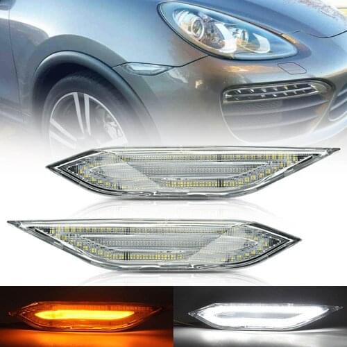 2x Clear Lens LED Side Marker Lights bar for Porsche Cayenne 958 Chassis 2011-2014 (Amber indicator light+ white running light)