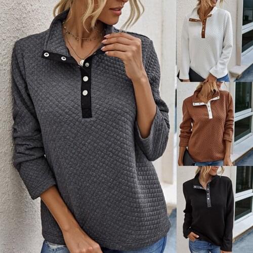Women Girl Long Sleeve Turtleneck Buttons Solid Color Casual Jumper Pullover Top sweat plaid Fashion diamond plaid top warm F4
