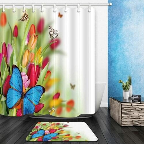 Flower Butterfly Shower Curtains Set Spring Tulip Floral Plant Bathroom Decor Home Bathtub Curtain and Flannel Mat Carpet Cheap