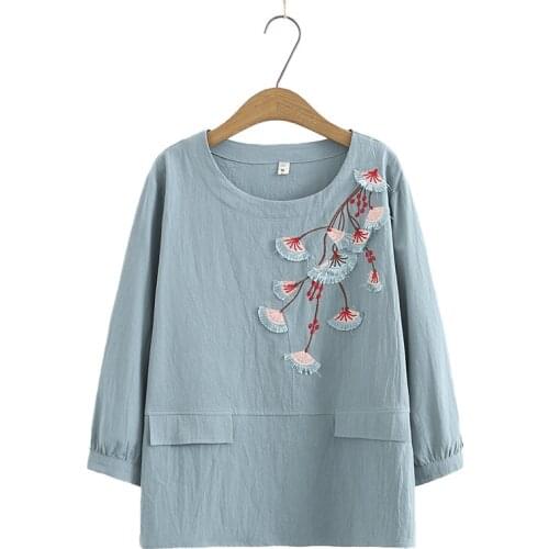 Plus Size Full Cotton Tops Womens 3/4 Sleeve Spring Summer New Muslim Clothes Vintage Oversized Shirts Casual Top