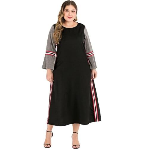 Ball Dress Large Size 2021 Round Neck Long Sleeve Calf Length Stitching Straight Loose Slim Home Solid Color Pattern Casual