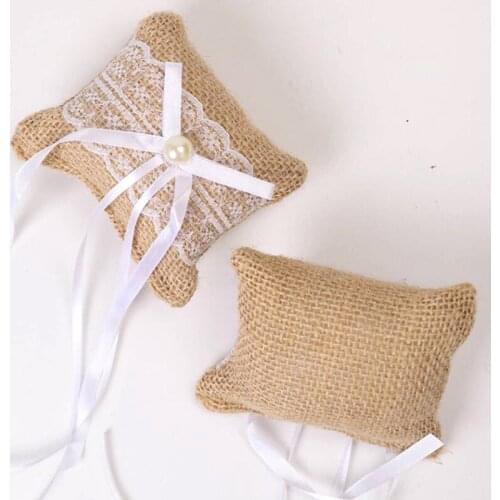 2pcs 10 x 8cm Burlap Hessian Rustic Wedding Ring Pillow Cushion Ring Bearer Lace Flower for Wedding Ceremony Wedding Supplies