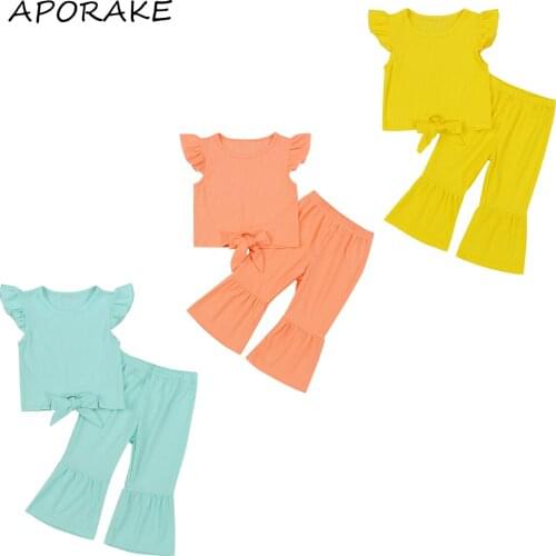 2021 0-6Y Casual Kids Baby Girl Clothing Set Bows Solid Color Fly Sleeve T -shirt Top+Flare Pants Summer Toddler Casual 2pcs