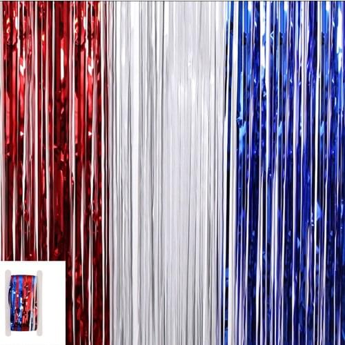 4th of July Independence Day Blue White Red Foil Tinsel Fringe Curtain Backdrop for Veterans Memorial Day Patriotic Decorations